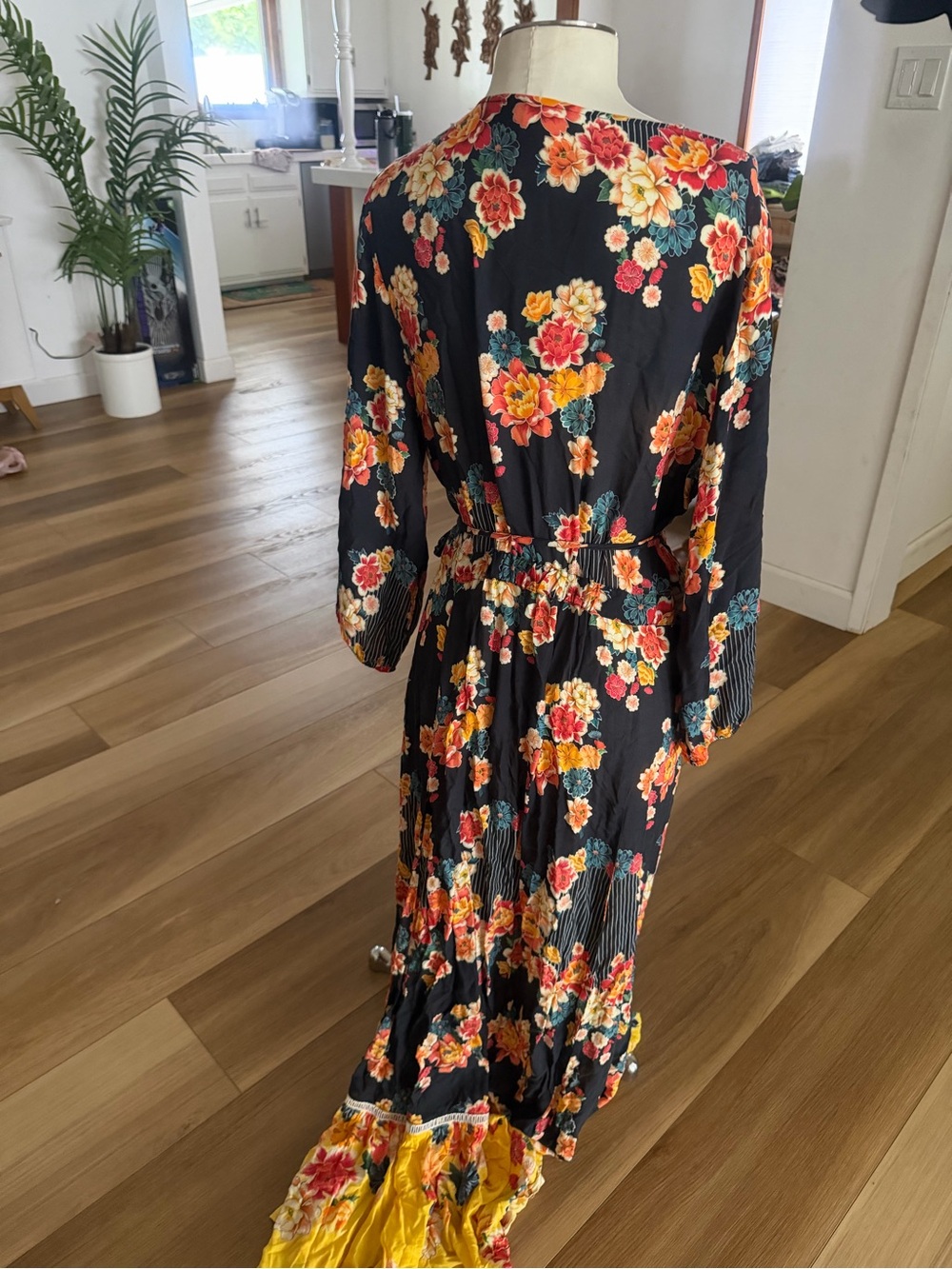 Farm Rio Black Floral Wrap Dress with Yellow Hem - Picture 4 of 6
